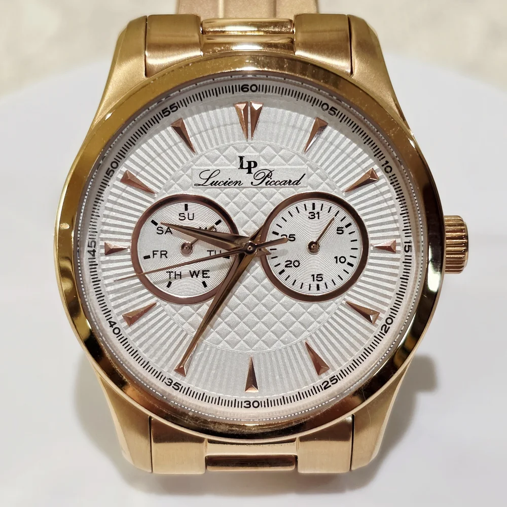 Lucien Piccard STELLAR Men's Wrist Watch Day Date Sub-Dials Rose Gold Pink